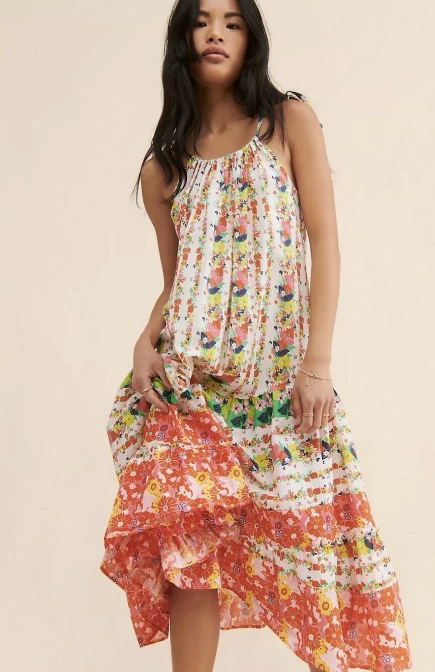 Anthropologie Floe Gertrude Midi Dress S Floral Fruit Tiered Cotton Halter Boho